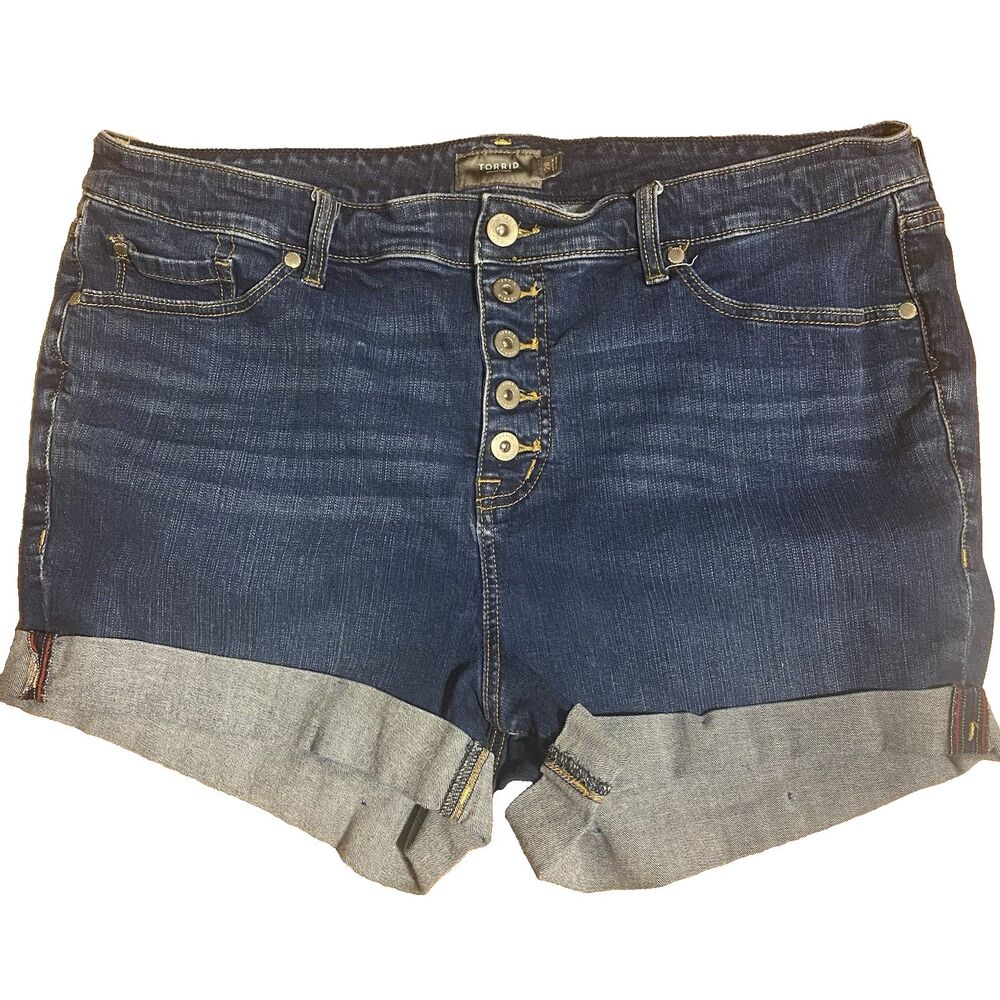 Torrid Jean Shorts 20 Jorts Blue Med Denim High Rise Button Fly Stretch Cuffed